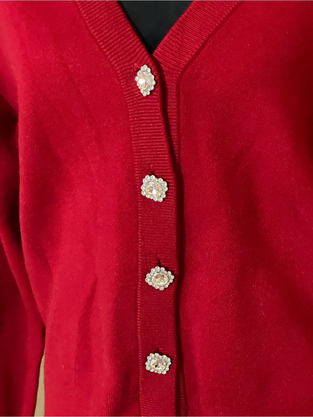 Tahari Red V-Neck Cardigan with Rhinestone Buttons - Picture 5 of 7